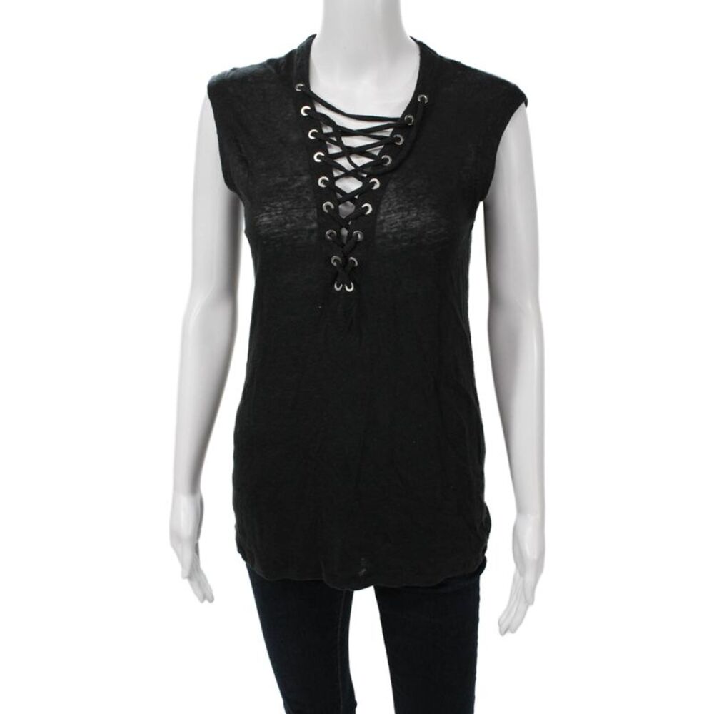 IRO Women Black Linen Lace-Up Gothic Sleeveless Tank Size XS